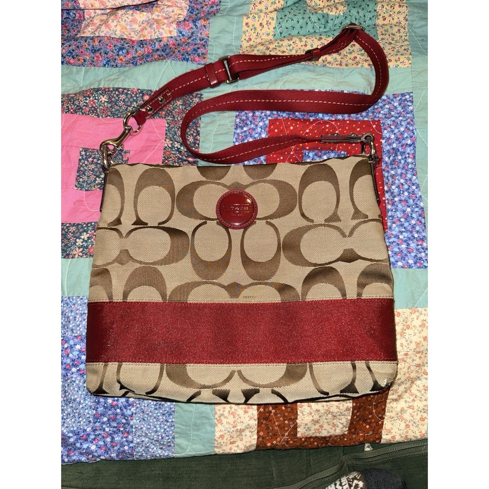 Coach Signature Logo Crossbody Bag Beige Brown Red Zip, Detachable Strap